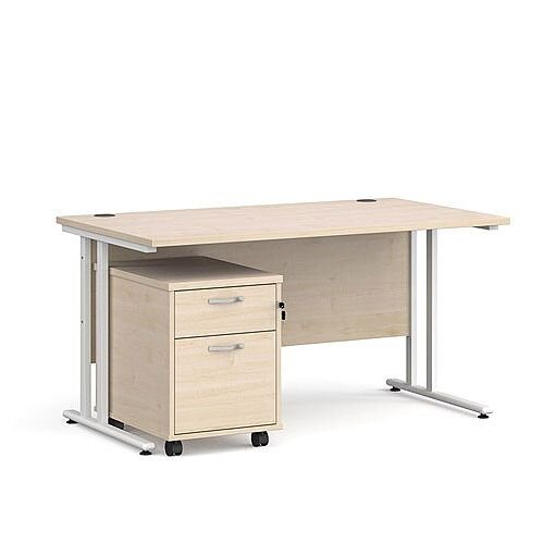 Maestro 25 WL straight desk 1400mm x 800mm with white cantilever frame and 2 drawer pedestal - maple Maestro 25 WL straight desk 1400mm x 800mm with white cantilever frame and 2 drawer pedestal - maple