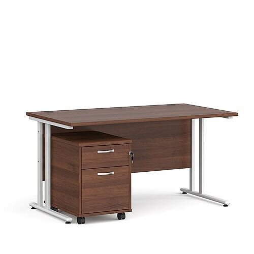 Maestro 25 WL straight desk 1400mm x 800mm with white cantilever frame and 2 drawer pedestal - walnut