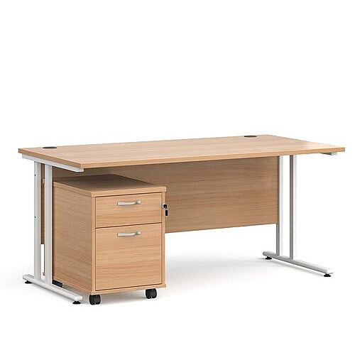 Maestro 25 WL straight desk 1600mm x 800mm with white cantilever frame and 2 drawer pedestal - beech