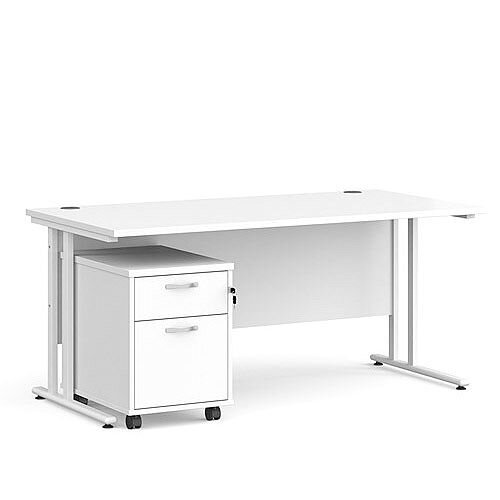 Maestro 25 WL straight desk 1600mm x 800mm with white cantilever frame and 2 drawer pedestal - white Maestro 25 WL straight desk 1600mm x 800mm with white cantilever frame and 2 drawer pedestal - white