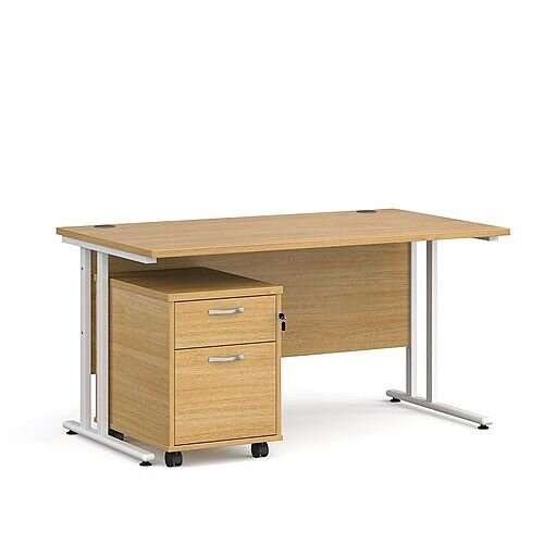 Maestro 25 WL straight desk 1800mm x 800mm with white cantilever frame and 2 drawer pedestal - oak Maestro 25 WL straight desk 1800mm x 800mm with white cantilever frame and 2 drawer pedestal - oak