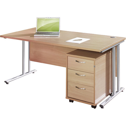 Maestro 25 WL straight desk 1200mm x 800mm with white cantilever frame and 3 drawer pedestal - beech