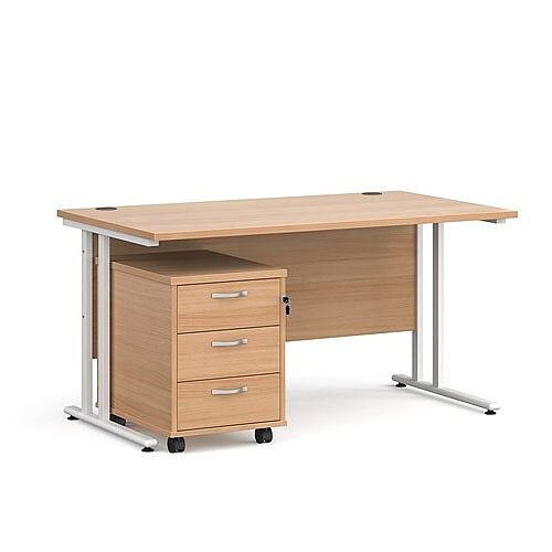 Maestro 25 WL straight desk 1400mm x 800mm with white cantilever frame and 3 drawer pedestal - beech Maestro 25 WL straight desk 1400mm x 800mm with white cantilever frame and 3 drawer pedestal - beech