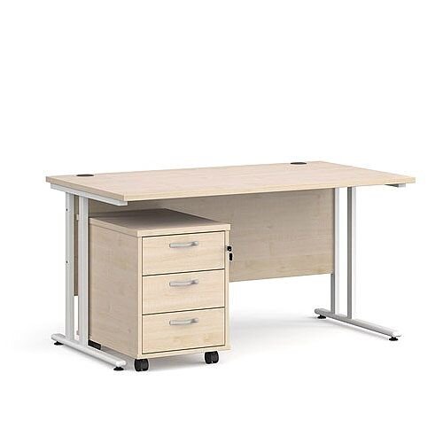 Maestro 25 WL straight desk 1400mm x 800mm with white cantilever frame and 3 drawer pedestal - maple Maestro 25 WL straight desk 1400mm x 800mm with white cantilever frame and 3 drawer pedestal - maple