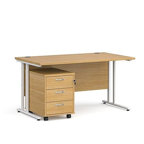 Maestro 25 WL straight desk 1400mm x 800mm with white cantilever frame and 3 drawer pedestal - oak Maestro 25 WL straight desk 1400mm x 800mm with white cantilever frame and 3 drawer pedestal - oak