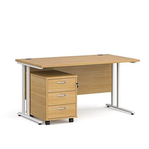 Maestro 25 WL straight desk 1400mm x 800mm with white cantilever frame and 3 drawer pedestal - oak