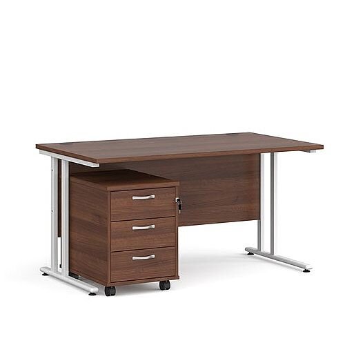 Maestro 25 WL straight desk 1400mm x 800mm with white cantilever frame and 3 drawer pedestal - walnut