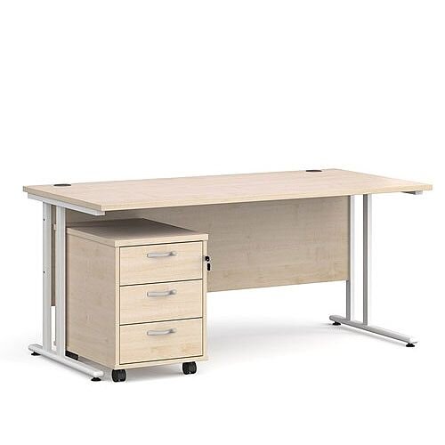 Maestro 25 WL straight desk 1600mm x 800mm with white cantilever frame and 3 drawer pedestal - maple Maestro 25 WL straight desk 1600mm x 800mm with white cantilever frame and 3 drawer pedestal - maple