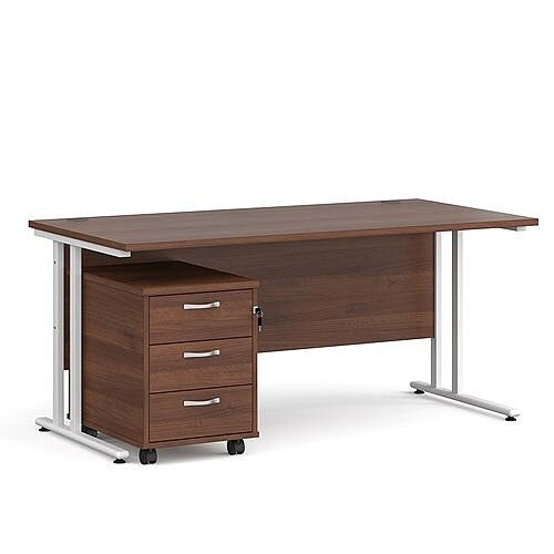 Maestro 25 WL straight desk 1600mm x 800mm with white cantilever frame and 3 drawer pedestal - walnut