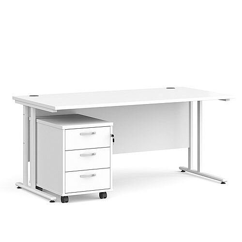 Maestro 25 WL straight desk 1600mm x 800mm with white cantilever frame and 3 drawer pedestal - white