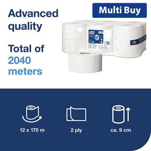 Tork Pack of 12 T2 Hygiene Mini Jumbo Dispenser Toilet Roll 2Ply Advanced 120238 LongLasting Toilet Paper for High Traffic Areas