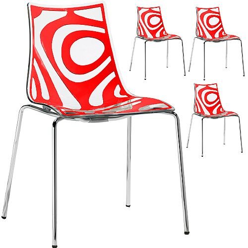 Wave Chrome Leg Canteen &Breakout Stacking Chair Translucent &Red Set of 4 Wave Chrome Leg Canteen &Breakout Stacking Chair Translucent &Red Set of 4