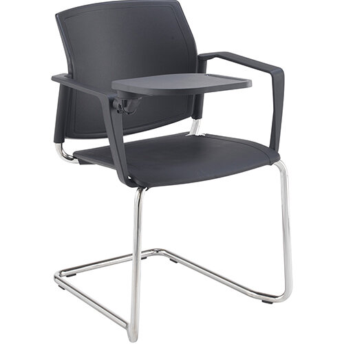 Santana cantilever chair with plastic seat and back, chrome frame with arms and writing tablet - blue