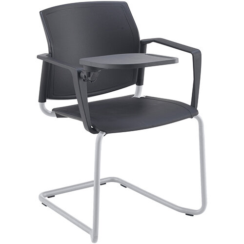 Santana cantilever chair with plastic seat and back, grey frame with arms and writing tablet - white Santana cantilever chair with plastic seat and back, grey frame with arms and writing tablet - white