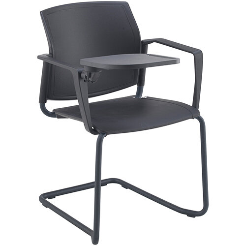 Santana cantilever chair with plastic seat and back, black frame with arms and writing tablet - blue