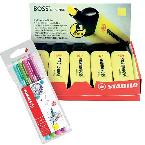 Stabilo Boss Highlighter Yellow Pack of 10 FOC Fibre Tip Pen Pack of 4 SS811675