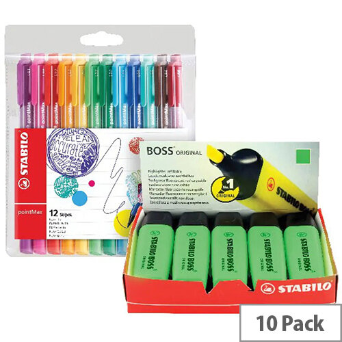 Stabilo Boss Highlighter Green Pack of 10 FOC Fibre Tip Pen Pack of 4 SS811677