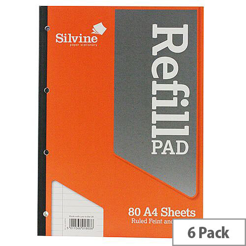 Silvine Refill Pad A4 Punched 4-Hole 80 Leaf Ruled Feint and Margin Side Bound Pack of 6