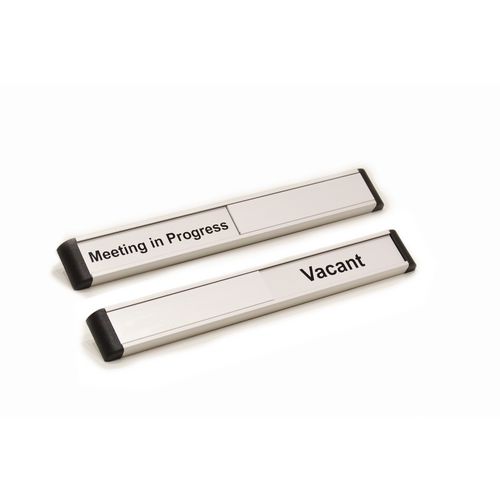 Door Slider 220mmx30mm Silver Anodised With Black Text Meeting In Progress / Vacant