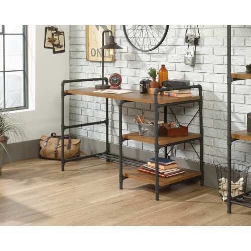 Iron Foundry Home Office Desk With Contemporary Pipework Frame & Checked Oak Finish W1206mm