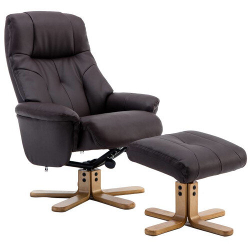 Denver Luxury Recliner Leather Look Armchair With Matching Footstool Brown With Natural Wood Finish Base Denver Luxury Recliner Leather Look Armchair With Matching Footstool Brown With Natural Wood Finish Base