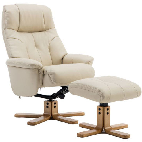 Denver Luxury Recliner Leather Look  Armchair With Matching Footstool Cream With Natural Wood Finish Base