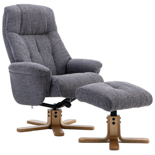 Denver Luxury Recliner Fabric Upholstered Armchair With Matching Footstool Greystone With Natural Wood Finish Base