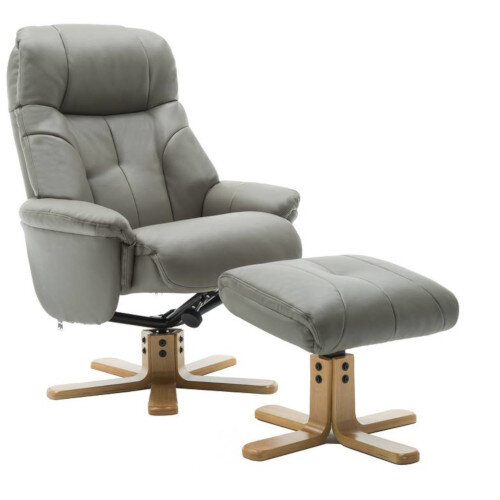 Denver Luxury Recliner Leather Look  Armchair With Matching Footstool Grey With Natural Wood Finish Base