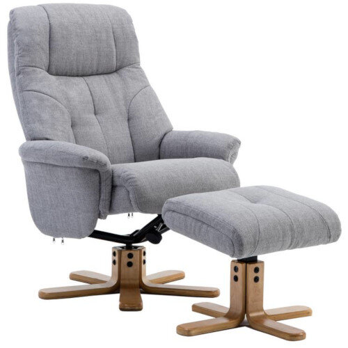 Denver Luxury Recliner Fabric Upholstered Armchair With Matching Footstool Light Grey With Natural Wood Finish Base