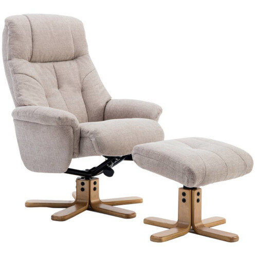 Denver Luxury Recliner Fabric Upholstered Armchair With Matching Footstool Oatmeal With Natural Wood Finish Base