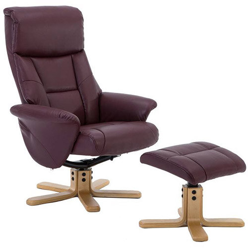 Montreal Luxury Recliner Leather-look Fabric Upholstered Armchair With Matching Footstool Burgundy With Natural Wood Finish Base