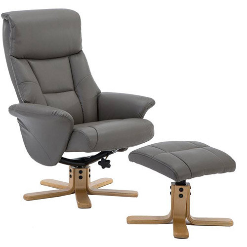 Montreal Luxury Recliner Leather-look Fabric Upholstered Armchair With Matching Footstool Grey With Natural Wood Finish Base