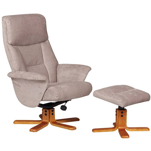 Montreal Luxury Recliner Fabric Upholstered Armchair With Matching Footstool Cream Fabric With Cherry Wood Finish Base