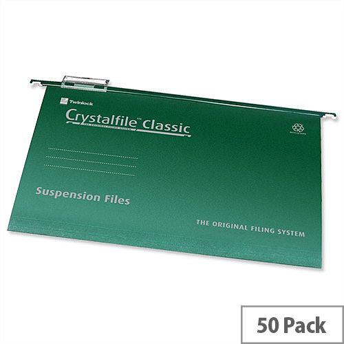 Rexel Crystalfile A4 Vertical Suspension File Green 15mm Pack 50 - 100% recycled quality manilla - Snap on tabs and printable inserts - Contrasting interior helps prevent misfiling Rexel Crystalfile A4 Vertical Suspension File Green 15mm Pack 50 - 100% recycled quality manilla - Snap on tabs and printable inserts - Contrasting interior helps prevent misfiling