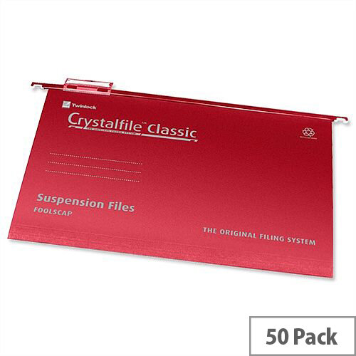 Rexel Crystalfile Foolscap Suspension File Red V-base 15mm Pack 50