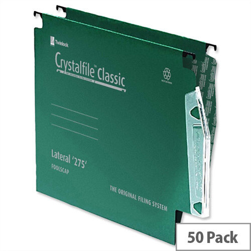 Rexel Crystalfile Lateral 275mm Suspension File 15mm V-base Green Pack 50