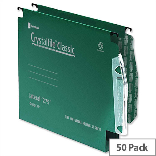 Rexel Crystalfile Lateral 275mm Suspension File 30mm Wide Base Green Pack 50