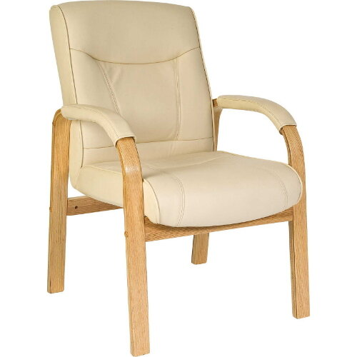 Knightsbridge Visitor Cream Bonded Leather Faced Armchair With Light Oak Colour Wooden Arms And Legs