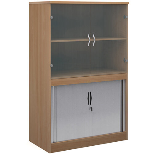 Systems combination unit with tambour doors and glass upper doors 1600mm high with 2 shelves - beech Systems combination unit with tambour doors and glass upper doors 1600mm high with 2 shelves - beech