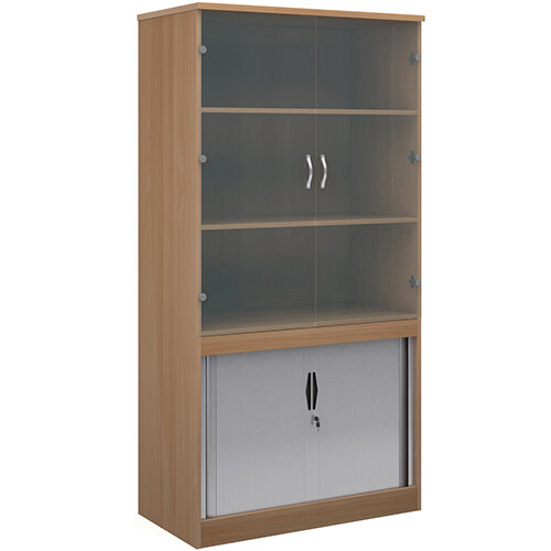 Systems combination unit with tambour doors and glass upper doors 2000mm high with 2 shelves - beech Systems combination unit with tambour doors and glass upper doors 2000mm high with 2 shelves - beech