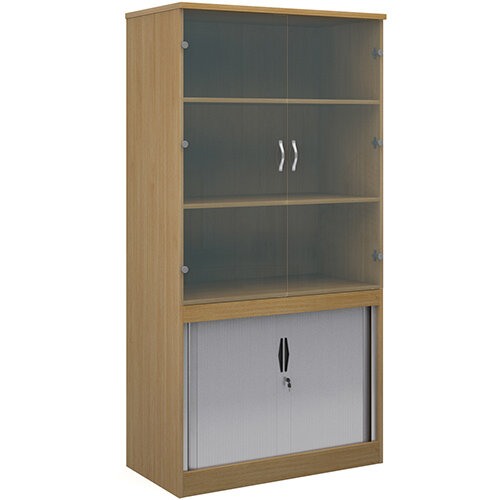 Systems combination unit with tambour doors and glass upper doors 2000mm high with 2 shelves - oak Systems combination unit with tambour doors and glass upper doors 2000mm high with 2 shelves - oak
