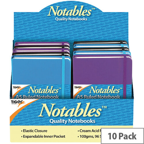 Tiger Notables A5 Ruled Casebound Notebook 96 Sheets Assorted Pack of 10 301354