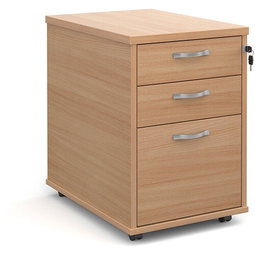 Tall mobile 3 drawer pedestal with silver handles 600mm deep - beech