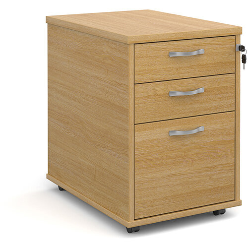 Tall mobile 3 drawer pedestal with silver handles 600mm deep - oak