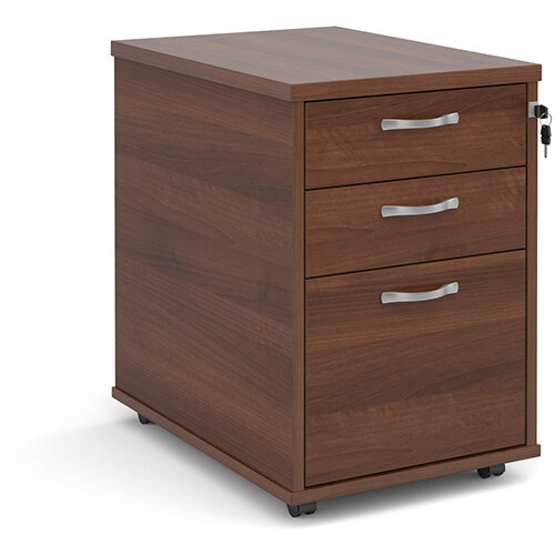 Tall mobile 3 drawer pedestal with silver handles 600mm deep - walnut