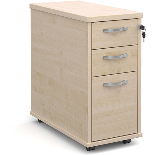 Tall slimline mobile 3 drawer pedestal with silver handles 600mm deep - maple