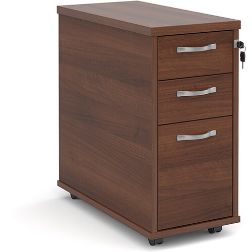 Tall slimline mobile 3 drawer pedestal with silver handles 600mm deep - walnut