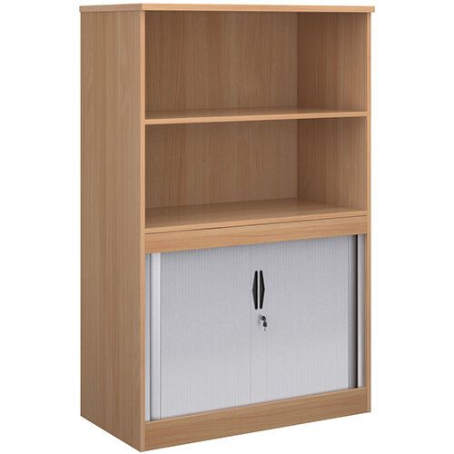 Systems combination unit with tambour doors and open top 1600mm high with 2 shelves - beech