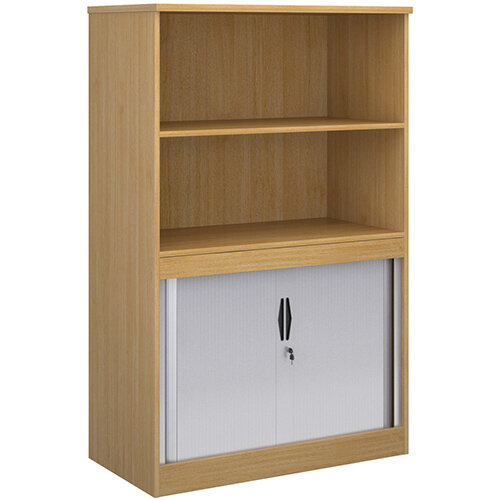 Systems combination unit with tambour doors and open top 1600mm high with 2 shelves - oak Systems combination unit with tambour doors and open top 1600mm high with 2 shelves - oak