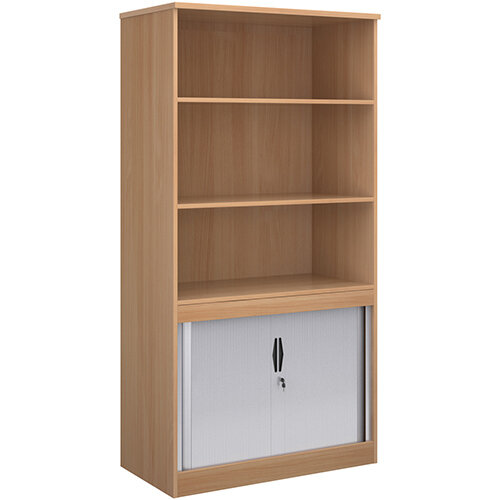 Systems combination unit with tambour doors and open top 2000mm high with 2 shelves - beech Systems combination unit with tambour doors and open top 2000mm high with 2 shelves - beech